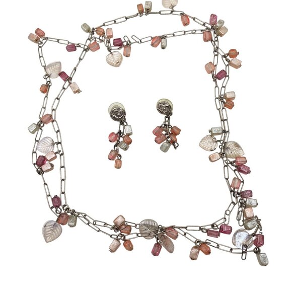 Pink Silver Tone Necklace Earring Set Leaf Accents 46" Paperclip Chain 2" Dangle - Picture 2 of 7